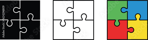 Three puzzle pieces showing black white and color variations silhouette