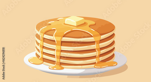 Stack of pancakes with butter and dripping syrup, flat color background. For food site