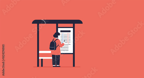 Person checking bus route at bus stop. Flat, bold color background. Travel info