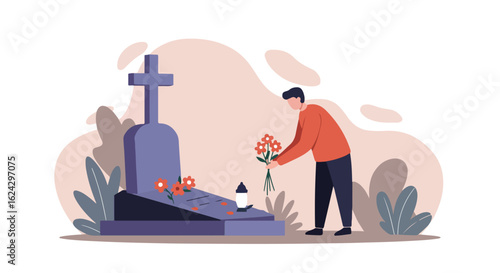 Man lays flowers at grave marker, cemetery background. For death, grieving