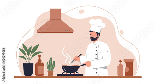 Chef cooking in a kitchen. Plants, bottles, and decorative shapes as backdrop. Use blog