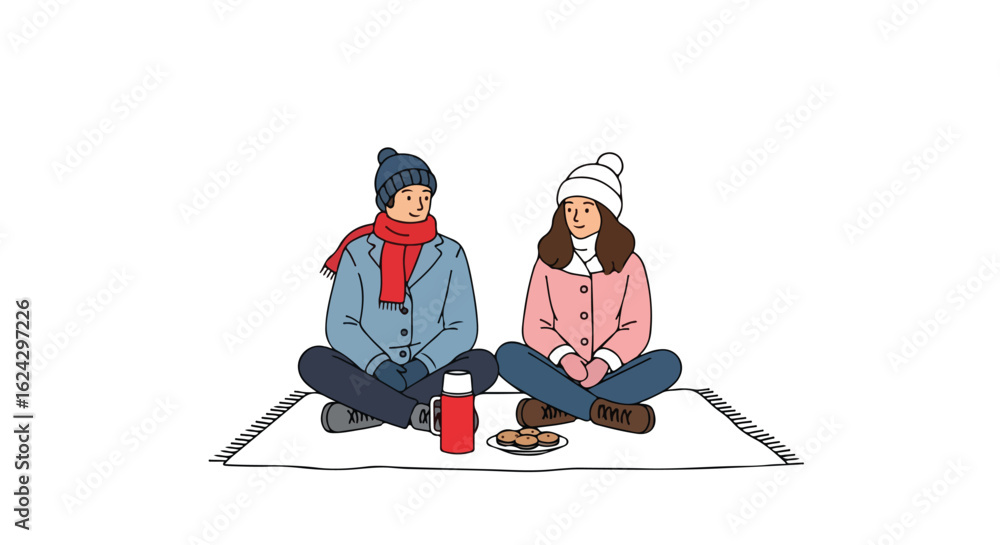 Winter Picnic: Couple Enjoying Hot Drink Outdoors Winter Picnic: Couple Enjoying Hot Drink Outdoors