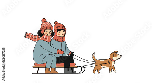 Winter Sledding Fun: Dog Pulling Children on a Sled