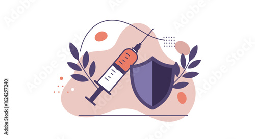 Injectable shield against an illness for poster on health issues, with floral decor