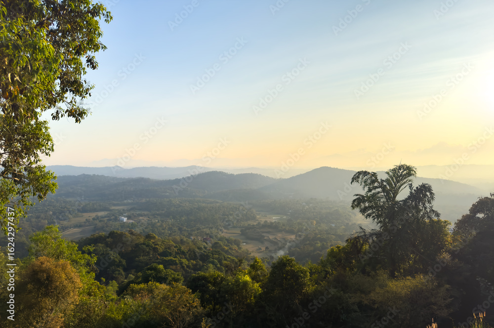 Fototapeta premium Scenic view of the landscape from the Raja's Seat (Seat of the King) which is popular tourist attraction in Madikeri of Coorg District.