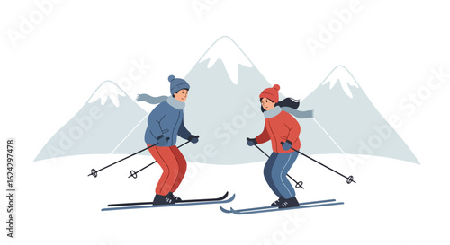Bild auf Leinwand Skiing Couple in Winter Landscape Illustration