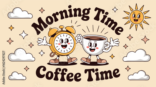 Retro Morning Time Coffee Time Illustration with Clock, Coffee Cup, Sun, Clouds and Stars