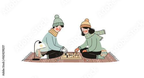 Cozy Winter Game: Two People Playing on a Rug