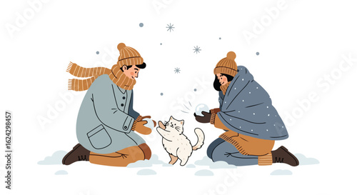 Winter Fun: Couple Playing with Cat in Snow