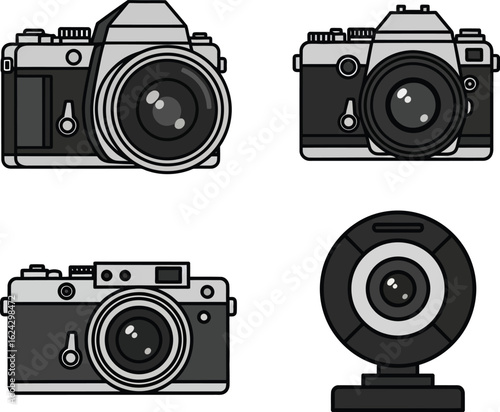 Collection of vintage and modern cameras and webcam silhouette
