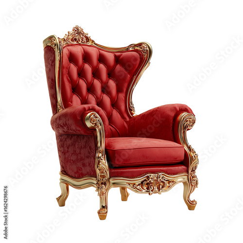 Red and gold luxury armchair isolated on transparent background, Clipart png