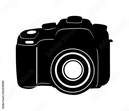 A sleek, black DSLR camera icon, sharply detailed, against a white background.