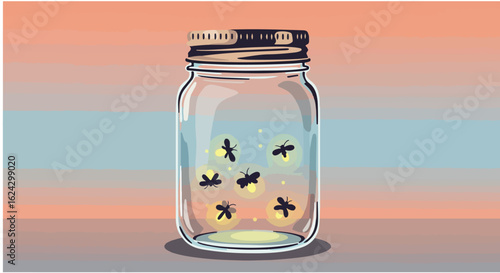 Fireflies captured in jar; dusk background. Illustration for educational use