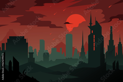 Apocalyptic cityscape with red sky and meteor shower