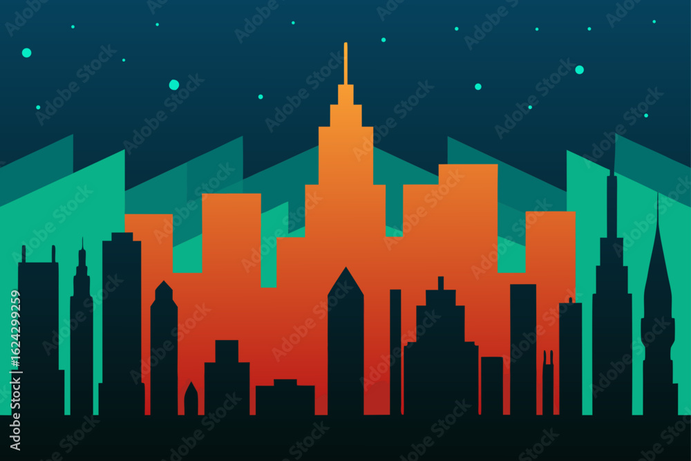 Obraz premium Stylized cityscape silhouette at dusk with geometric background