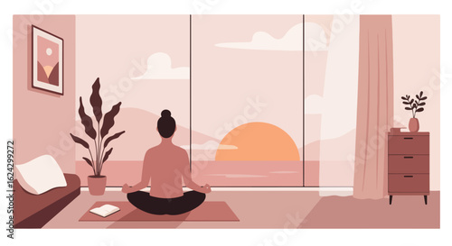 Woman meditating at home at sunset in a stylish room. Peaceful relaxation scene