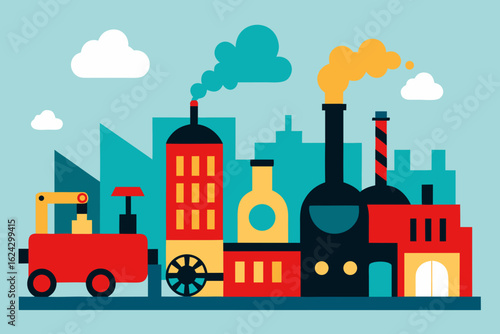Colorful industrial landscape with train and factories
