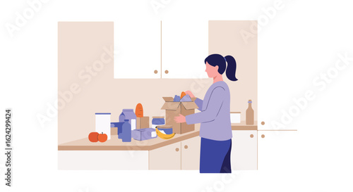 Woman unpacking groceries from a box in a modern kitchen at home for daily use