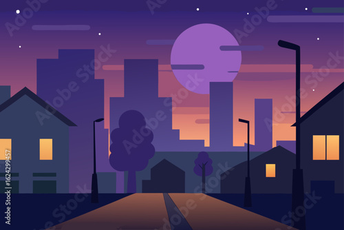 Peaceful cityscape at dusk with a large purple moon
