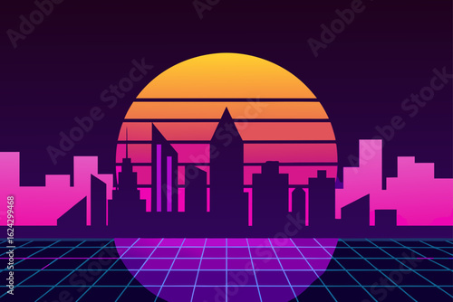 Retro synthwave cityscape with sunset and grid floor
