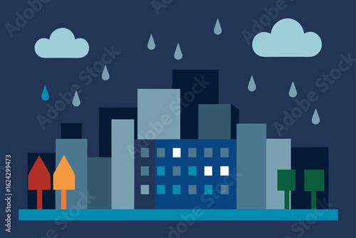 Stylized cityscape under a rainy night sky