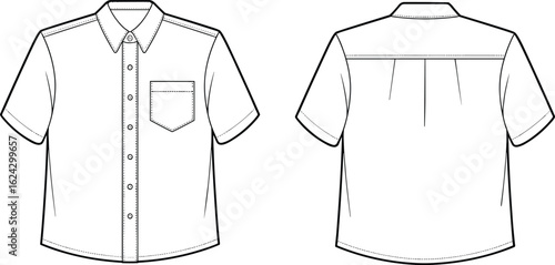 Short sleeve button-up shirt sketch, front and back view design, collared garment layout, chest pocket detail, center pleat yoke construction, fashion illustration.