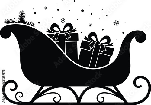 Christmas sleigh filled with gifts and snowflakes silhouette