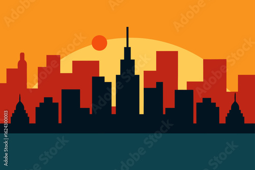 Stylized city skyline at sunset with warm colors