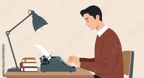 Man typing on a typewriter at desk with a lamp and books in a bright space