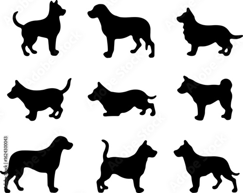  Dog Silhouettes in Various Poses vector bundle