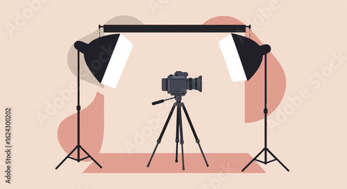 Camera on tripod in studio with lights for photo or video production