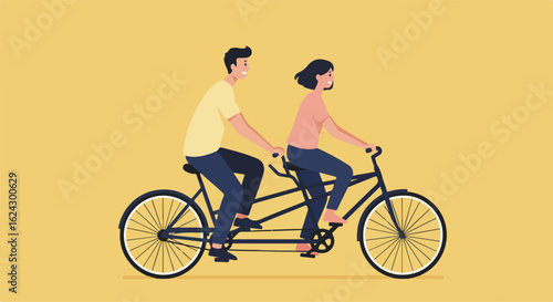 Smiling couple riding tandem bike against plain background for lifestyle content