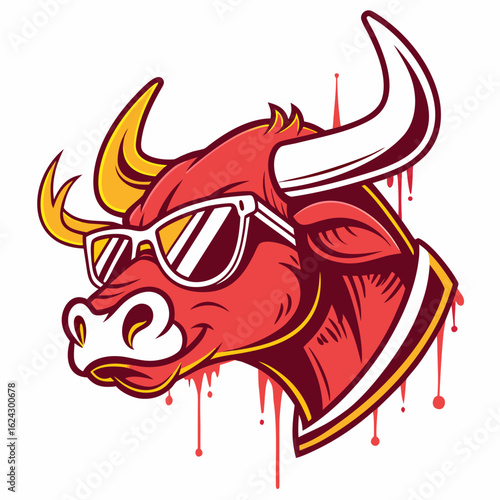 Cool red bull wearing sunglasses with dripping effect