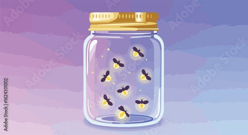 Animated fireflies trapped in a jar, against a gradient purple background for dreams