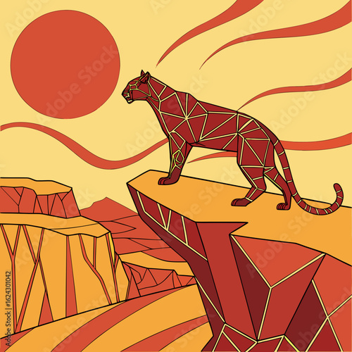 Geometric panther standing on cliff overlooking canyon under a large sun