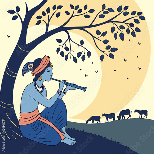 Lord krishna playing his flute under a tree with cows grazing