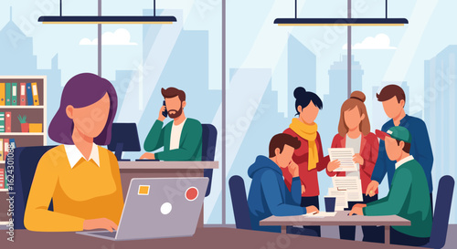 Diverse team collaborating in a modern office, perfect for business presentations and website landing pages.