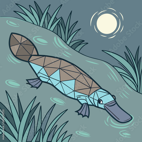 Geometric platypus swimming in a calm river under the moon