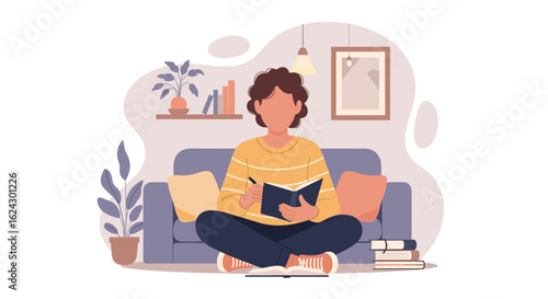 Person writing in a notebook while sitting on a couch, perfect for blog posts about self-care, journaling, or studying.