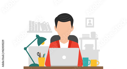 Person working on laptop at home office, perfect for website banners or blog posts about remote work.