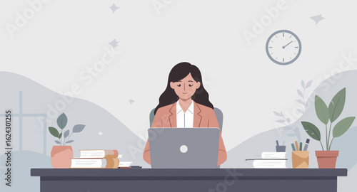 Woman working on laptop at her desk, perfect for website banners or blog posts about remote work, productivity, or business.