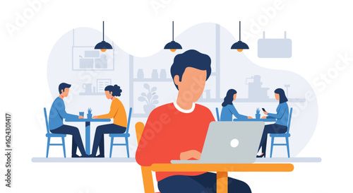 Person working on laptop in a cafe, ideal for blog posts about remote work or co-working spaces.