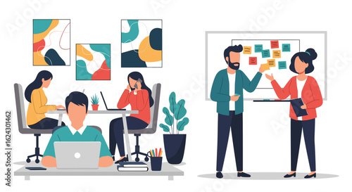 Teamwork and collaboration in a modern office setting, perfect for business presentations or website landing pages.