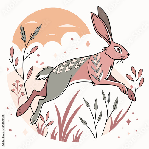 Stylized pink hare leaping through tall grass under a soft sunset sky