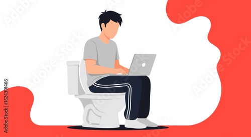 Man working on laptop while sitting on toilet -  illustration for articles about work-life balance, remote work, or humor.