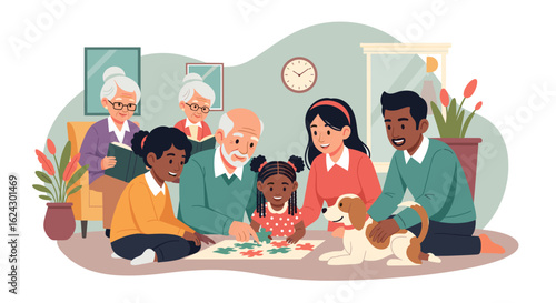 Multigenerational family enjoying a puzzle together at home, perfect for family, togetherness, and generational connection themed projects.