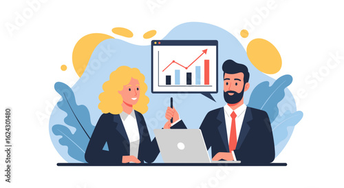 Businesspeople reviewing data on laptop, perfect for website banners or presentations.