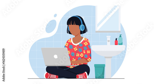 Young woman working on laptop in bathroom, perfect for blog posts about remote work or lifestyle.