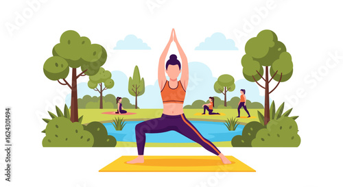 Woman doing yoga outdoors in a park, perfect for wellness websites or brochures.