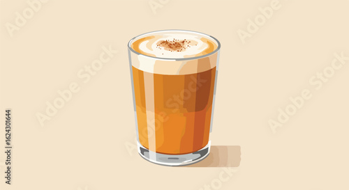 Frothy latte in a glass. Creamy layer on the surface. Neutral background for ads